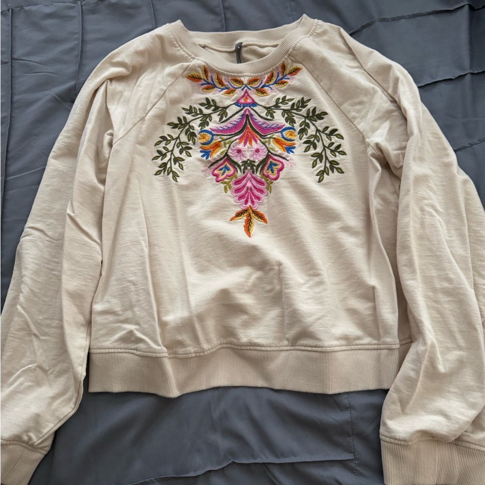 Anthropologie Cream Sweatshirt with Embroidered Floral Design